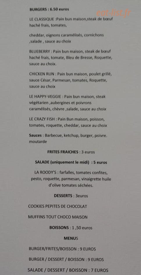 Roody' s Burgers et Compagnie — carte page 1