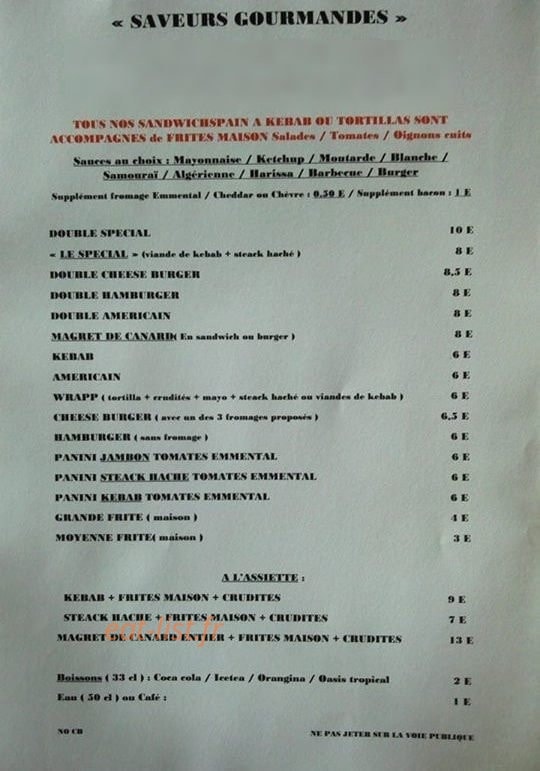 Saveurs Gourmandes — carte page 1