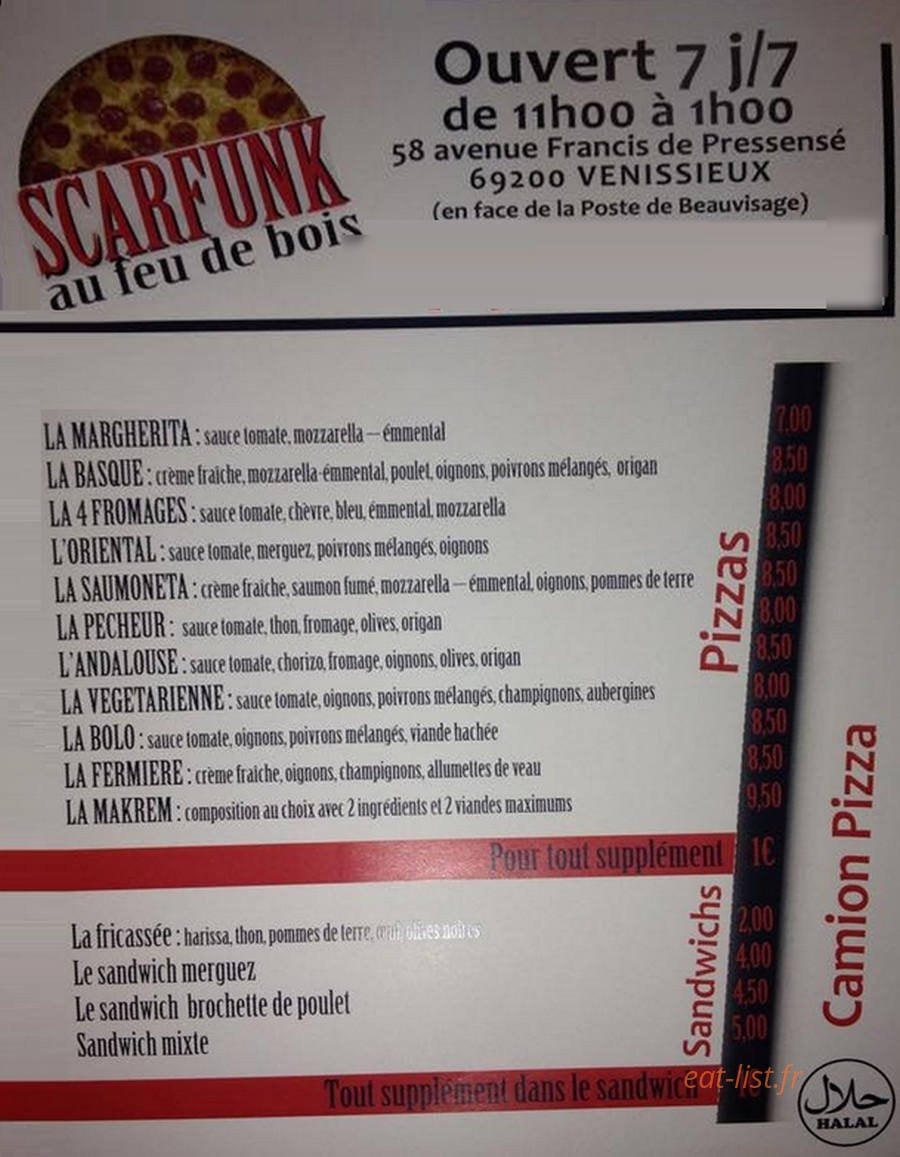 Scarfunk Pizza — carte page 1