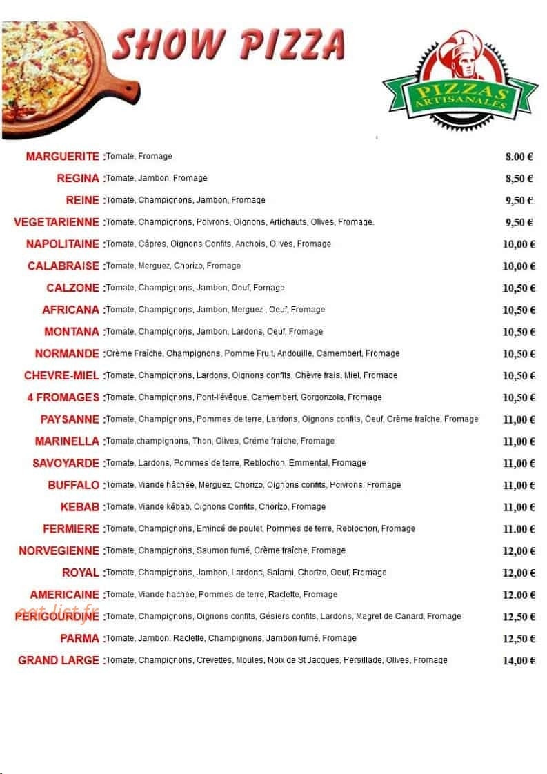 Show Pizza — carte page 1
