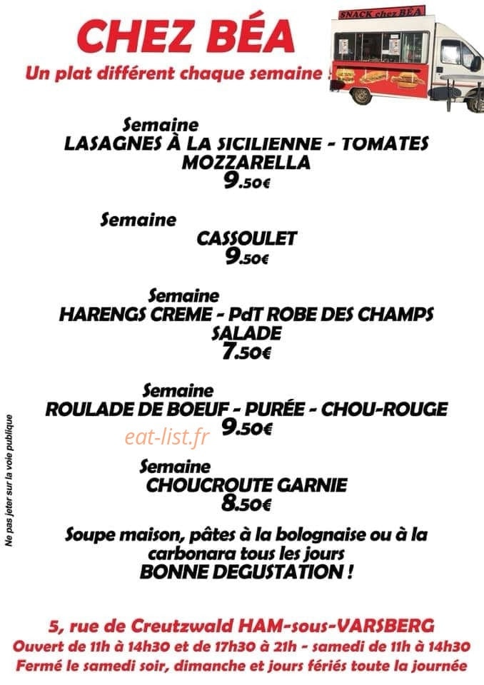 Snack chez Béa — carte page 1