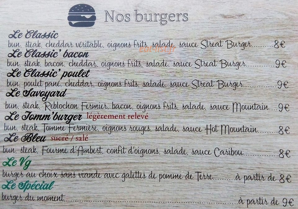 Streat Burger — carte page 1