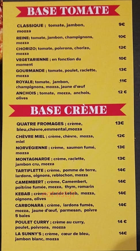Sunny Pizzas — carte page 1