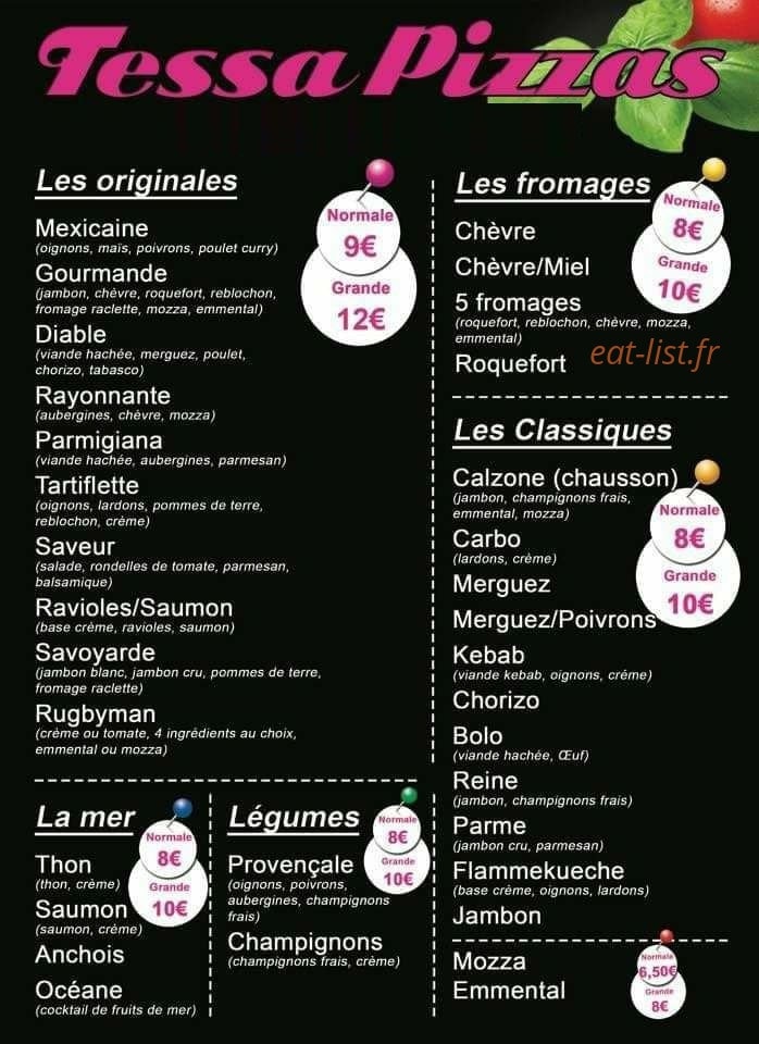 Tessa pizzas — carte page 1