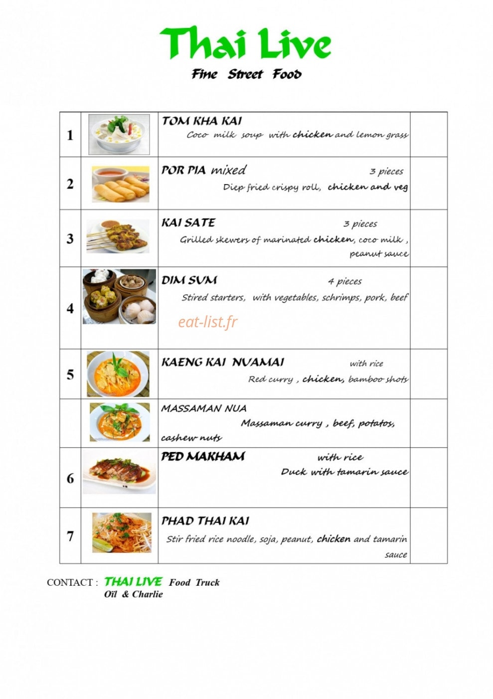 Thai Live — carte page 1