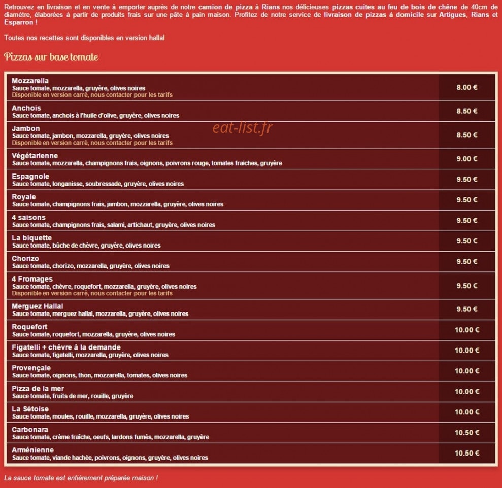 Thalie's pizza — carte page 1