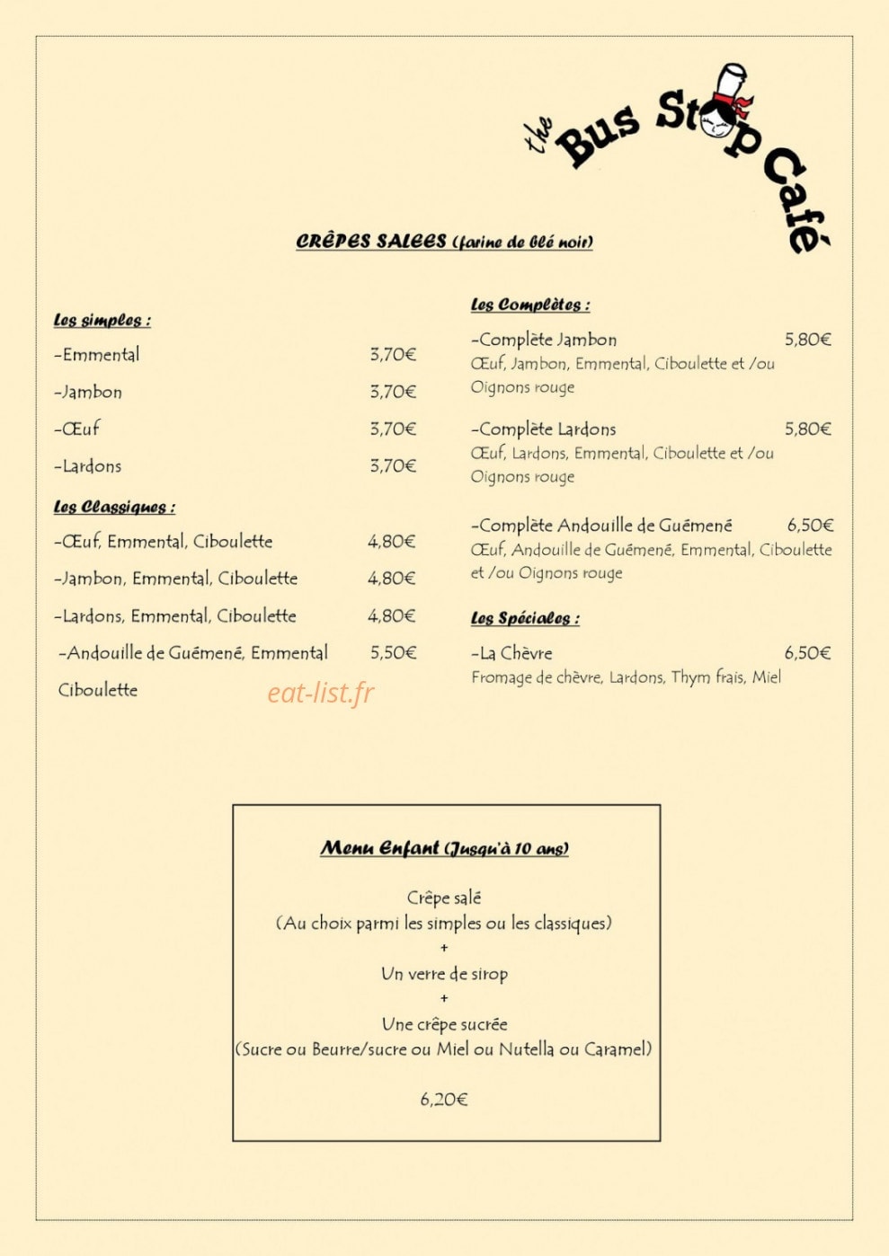 The Bus Stop Café — carte page 1