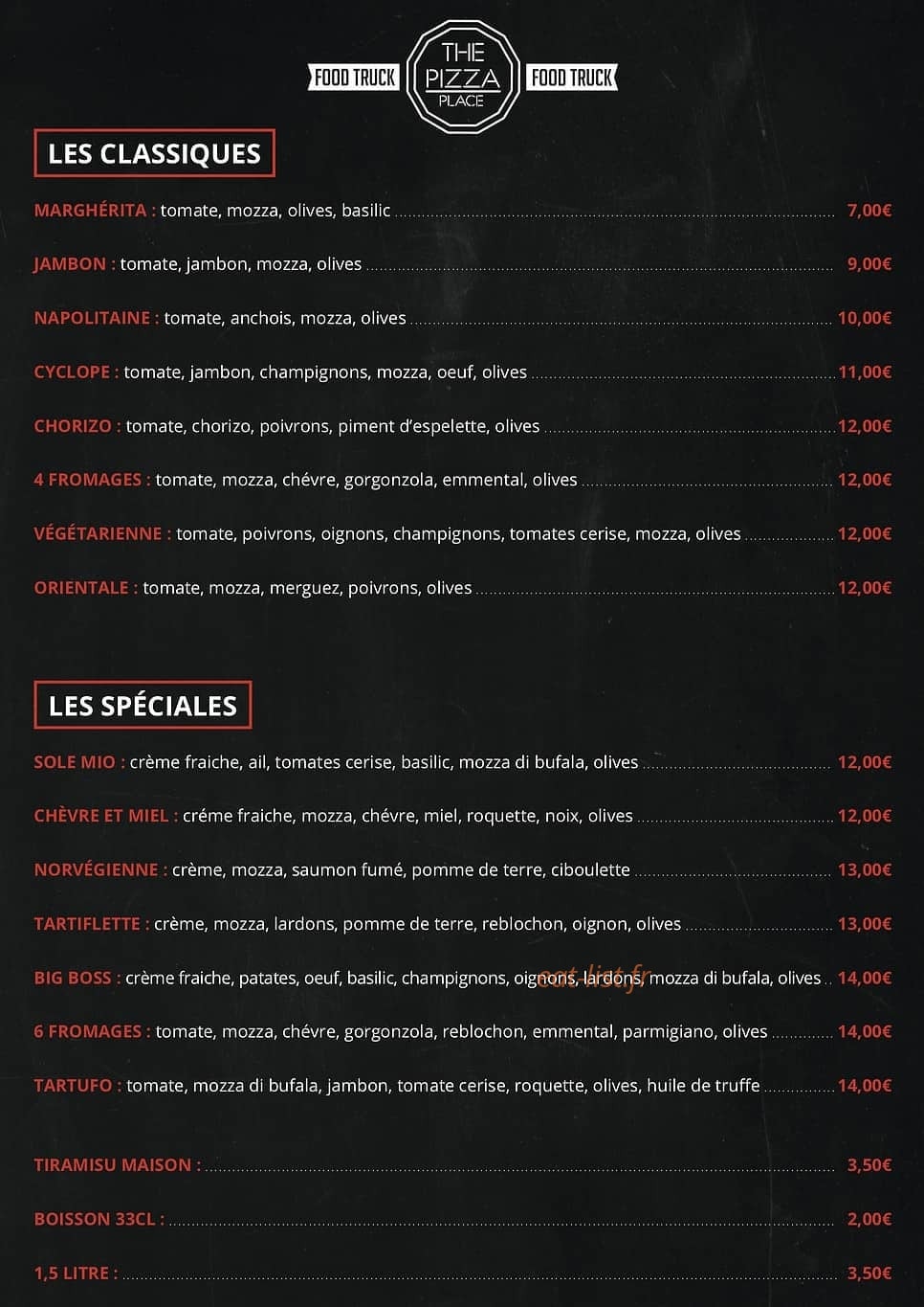 The Pizza Place — carte page 1