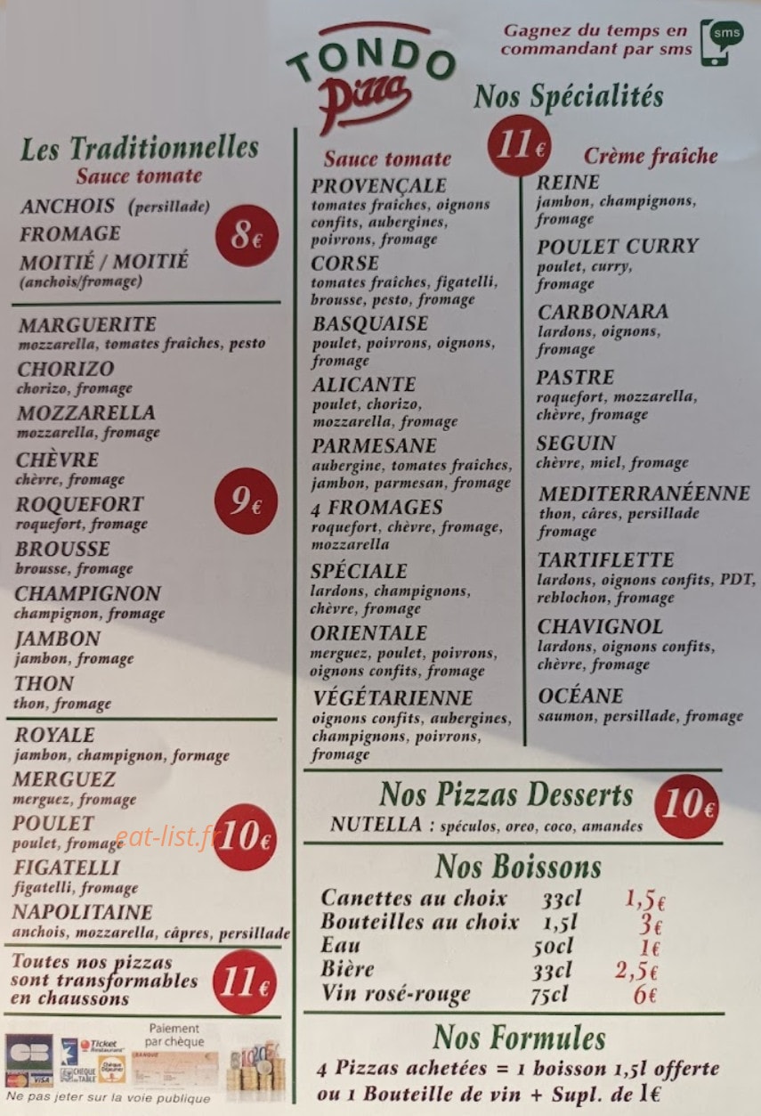 Tondo Pizza — carte page 1