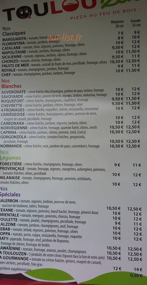Toulou'zen pizza — carte page 1