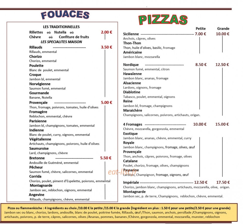 Carte et menu de Tout Feu Tout Flamme à Loire-Authion — Les fouaces et pizzas