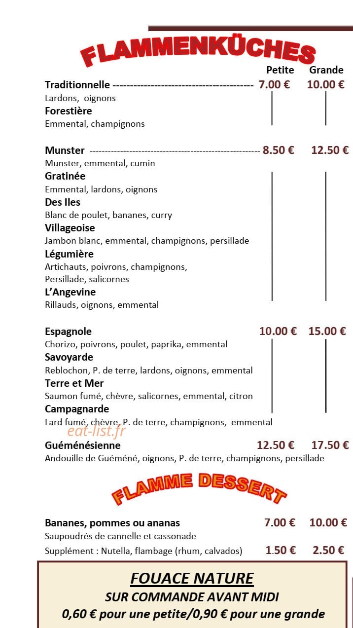 Carte et menu de Tout Feu Tout Flamme à Loire-Authion — Les flammenkuches
