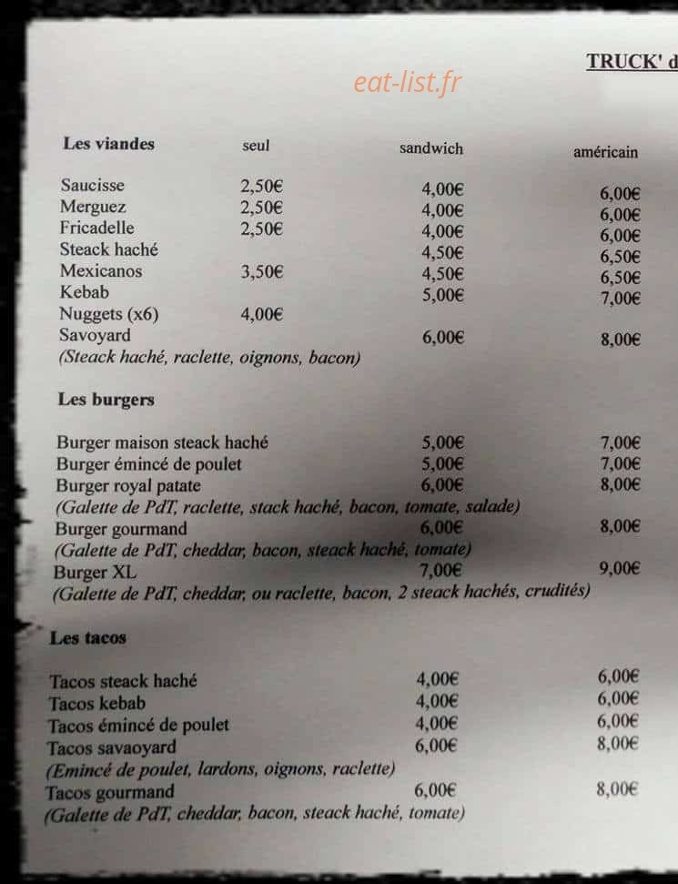 Truck'de foods — carte page 1