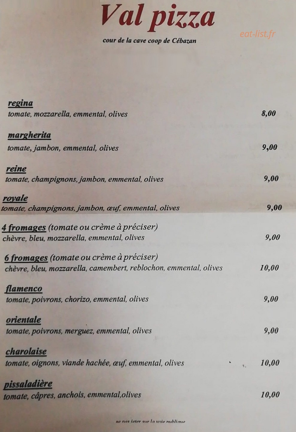 Val Pizza — carte page 1