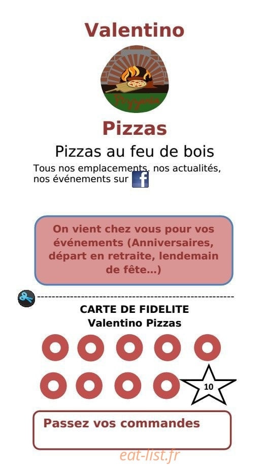 Valentino Pizzas — carte page 1