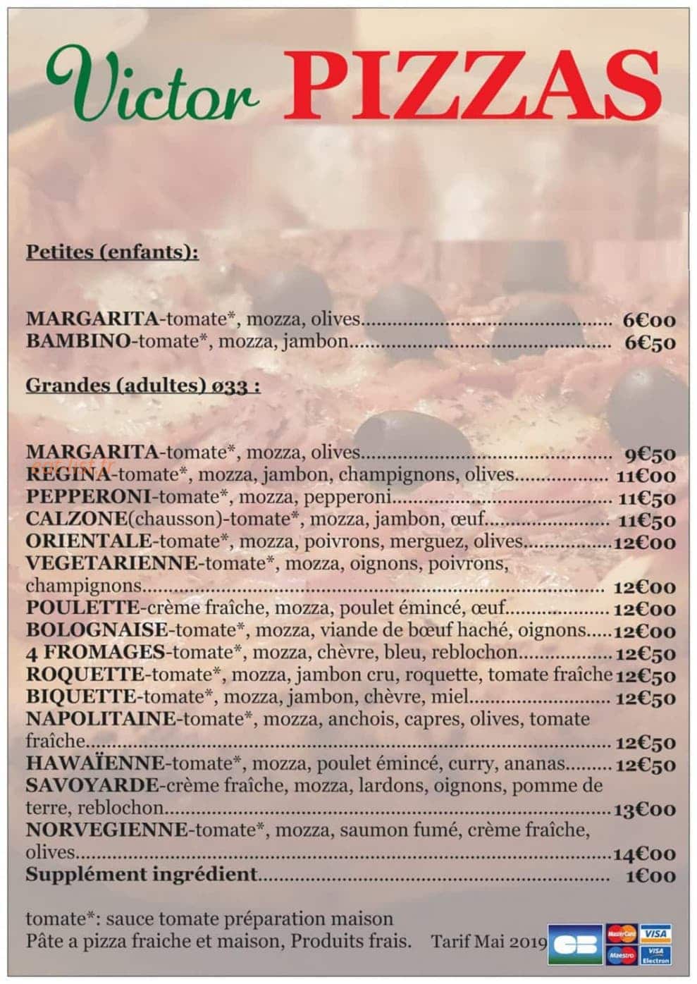 Victor Pizzas — carte page 1