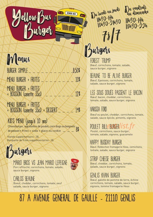 Yellow Bus Burger — carte page 1