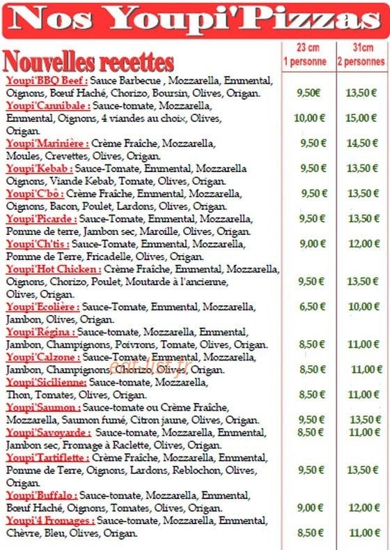 Youpi'Pizza — carte page 1