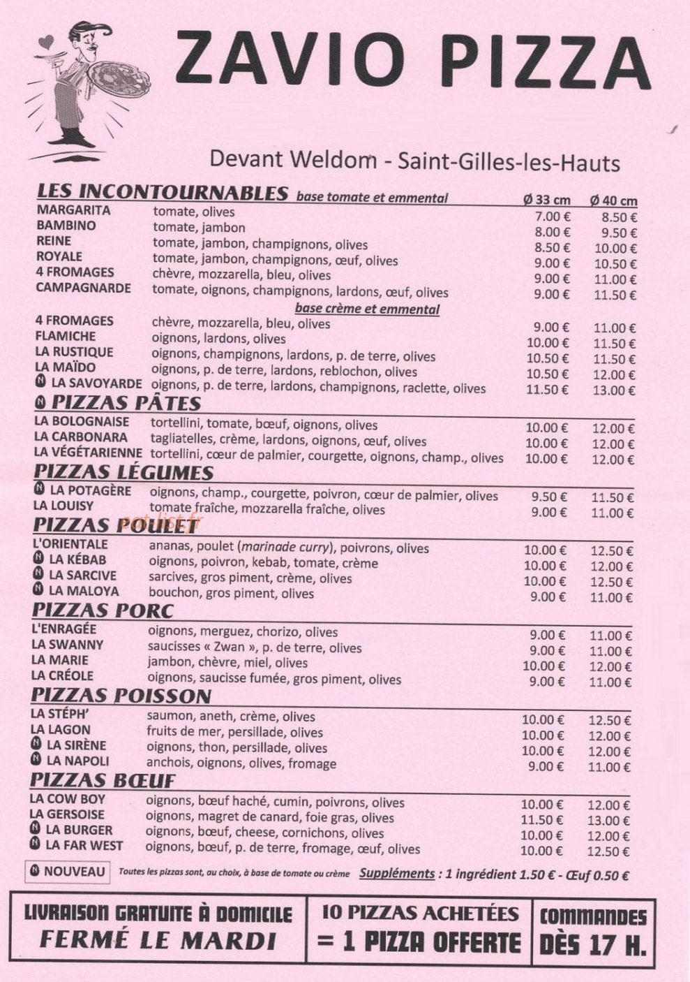 Zavio Pizza — carte page 1