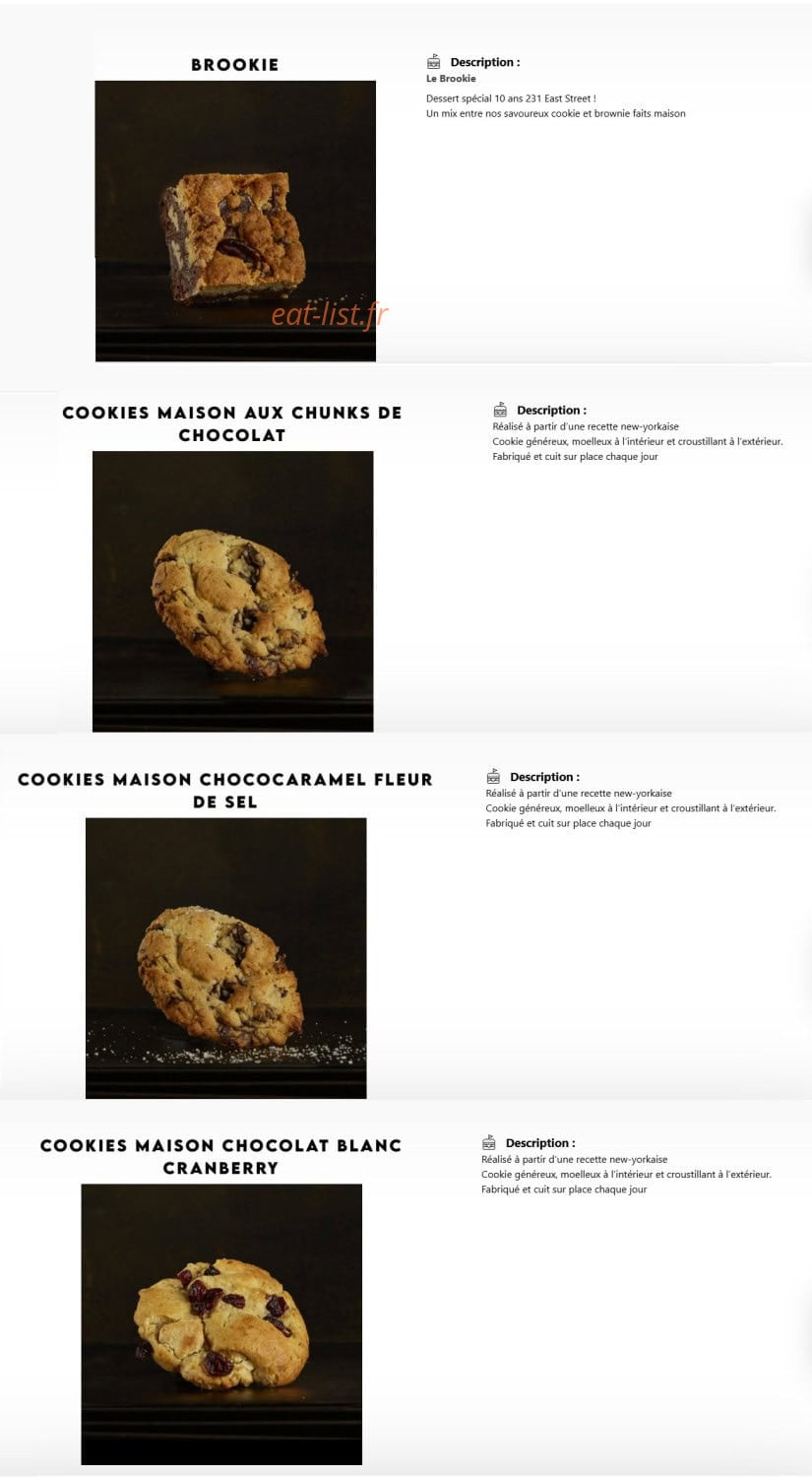 Menu 231 east street - Brookie et cookies