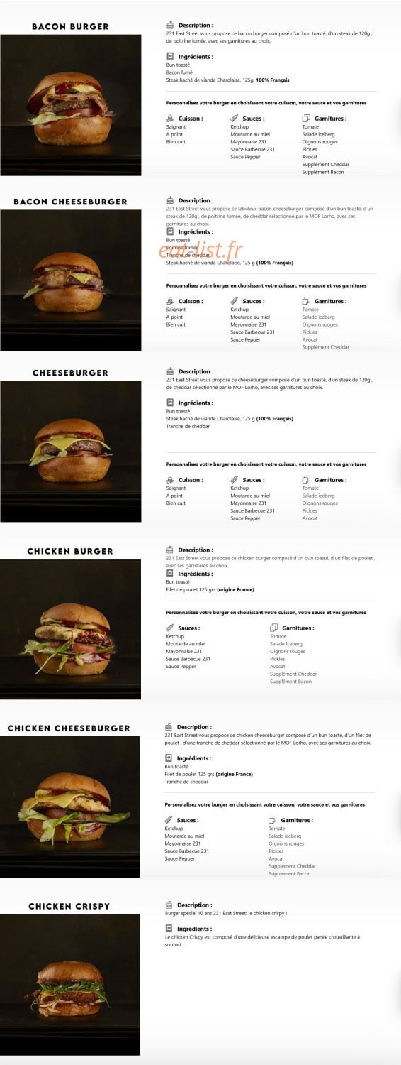 Menu 231 east street - Les burgers