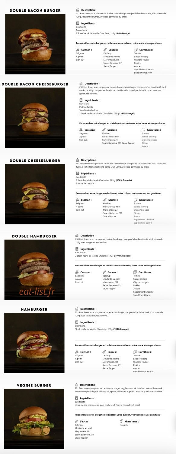 Menu 231 east street - Les burgers page 2