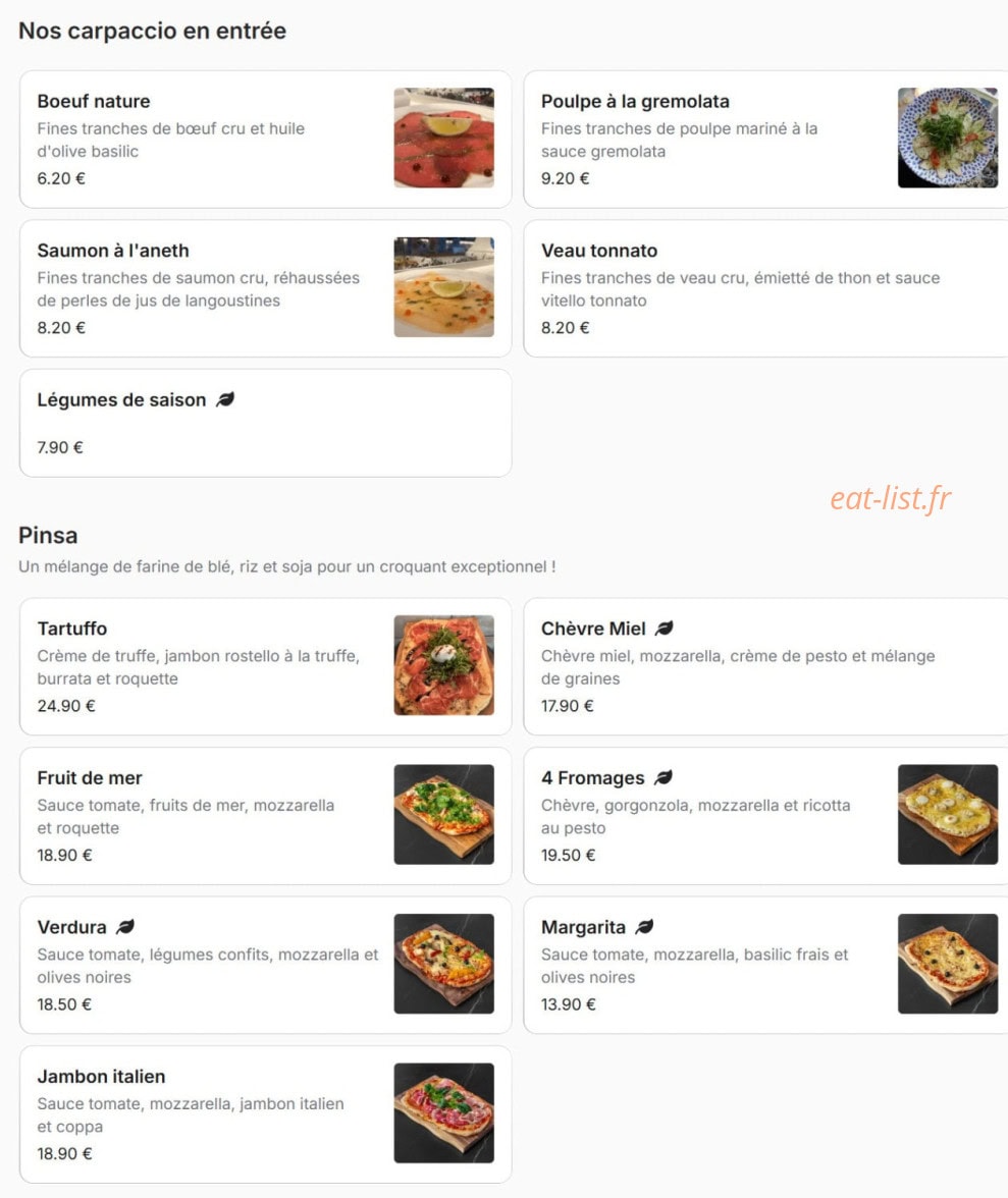 Menu Bistro Romain - Les carpaccios en entrée et pinsa