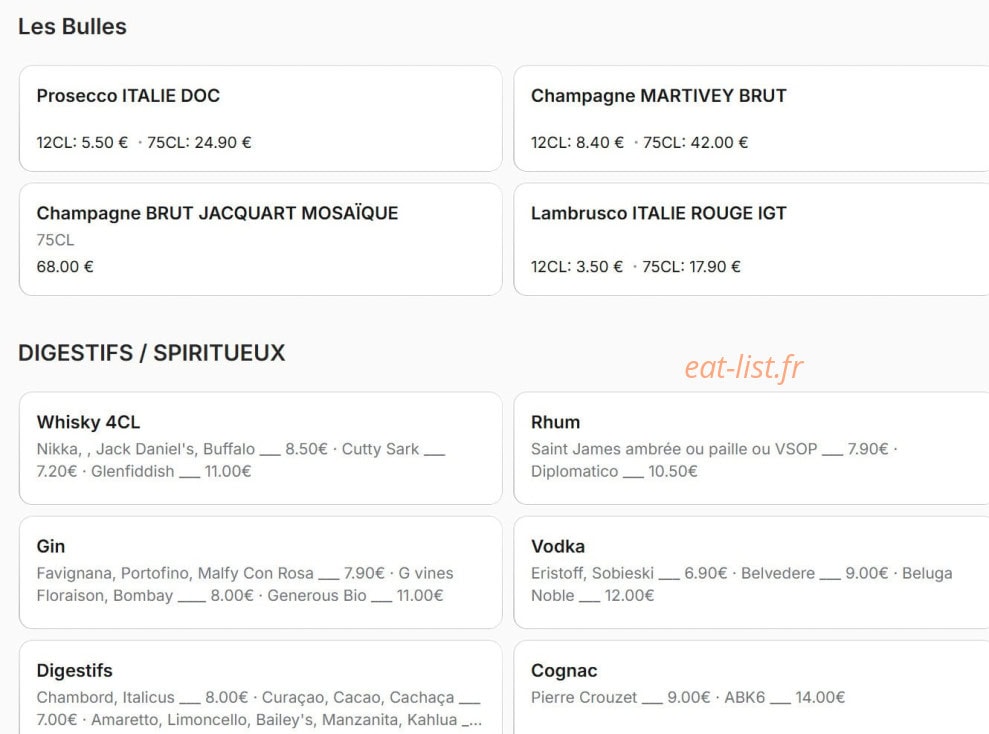 Menu Bistro Romain - Les billes, spiritueux et digestifs