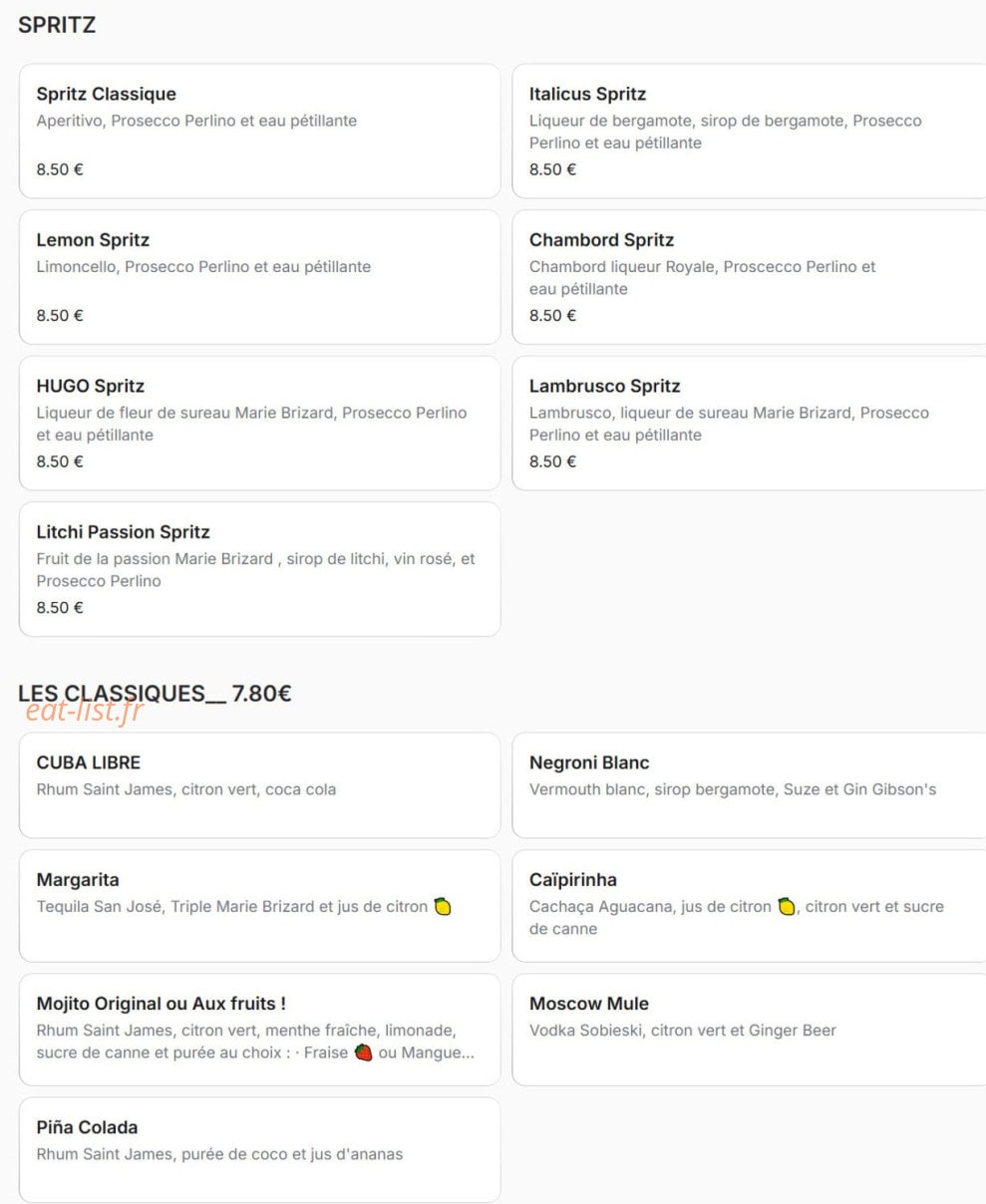 Menu Bistro Romain - Spritz  et classiques