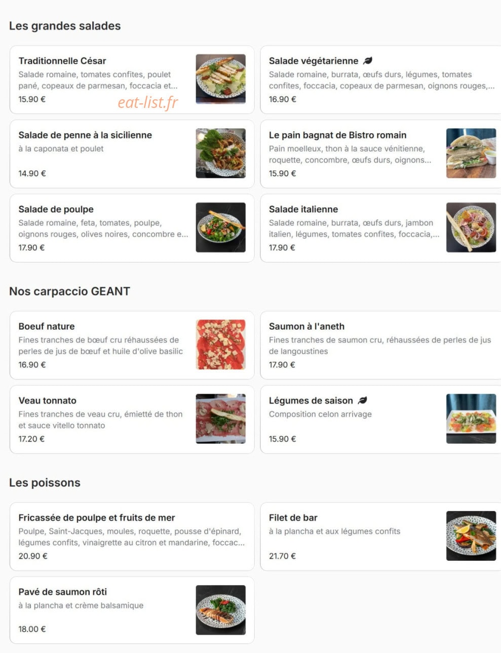 Menu Bistro Romain - Les grandes salades, carpaccios géant et  poissons