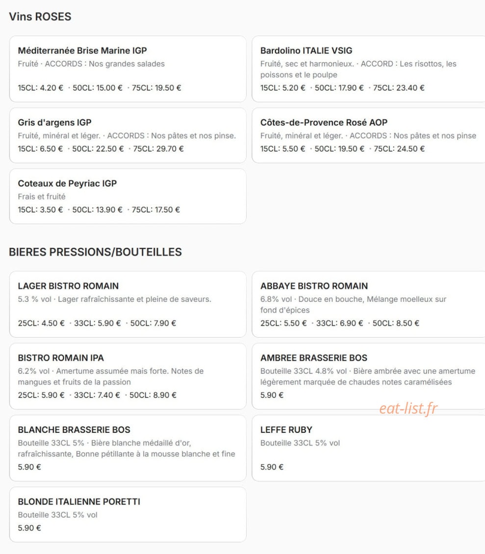 Menu Bistro Romain - Les vins rosés, bières pressions et bouteilles
