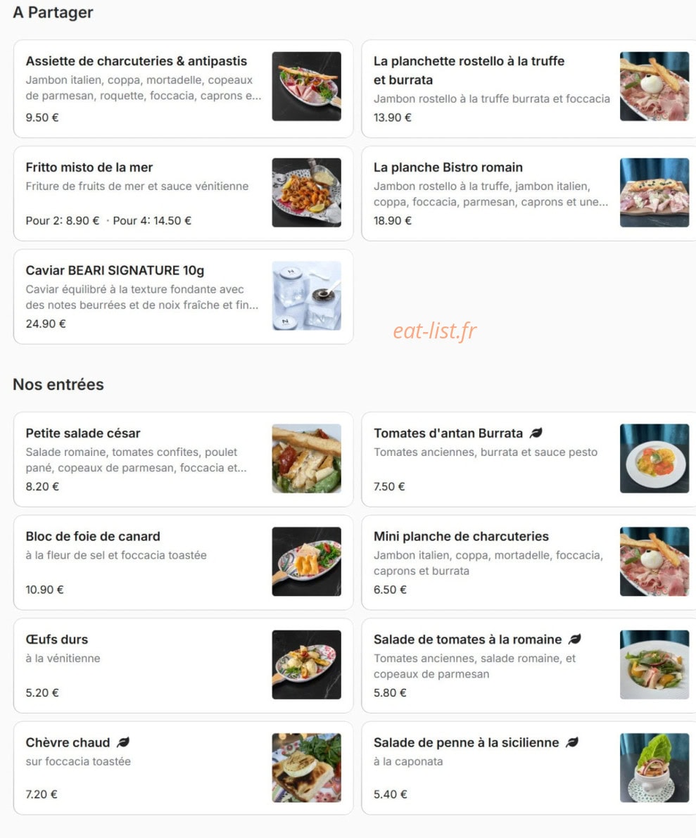 Menu Bistro Romain - A partager et entrées