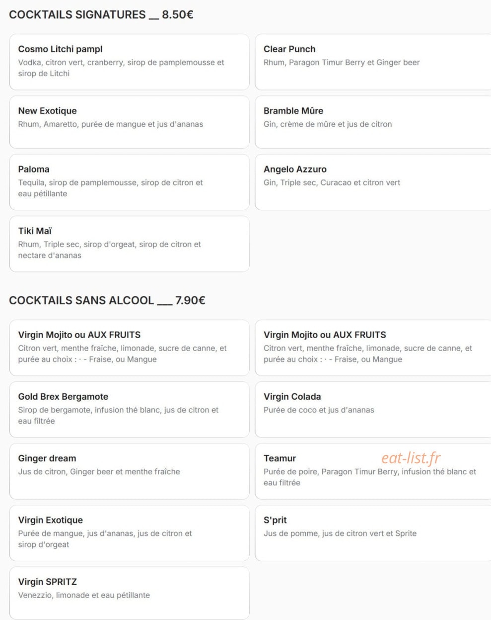 Menu Bistro Romain - Les cocktails signatures et cocktails sans alcool