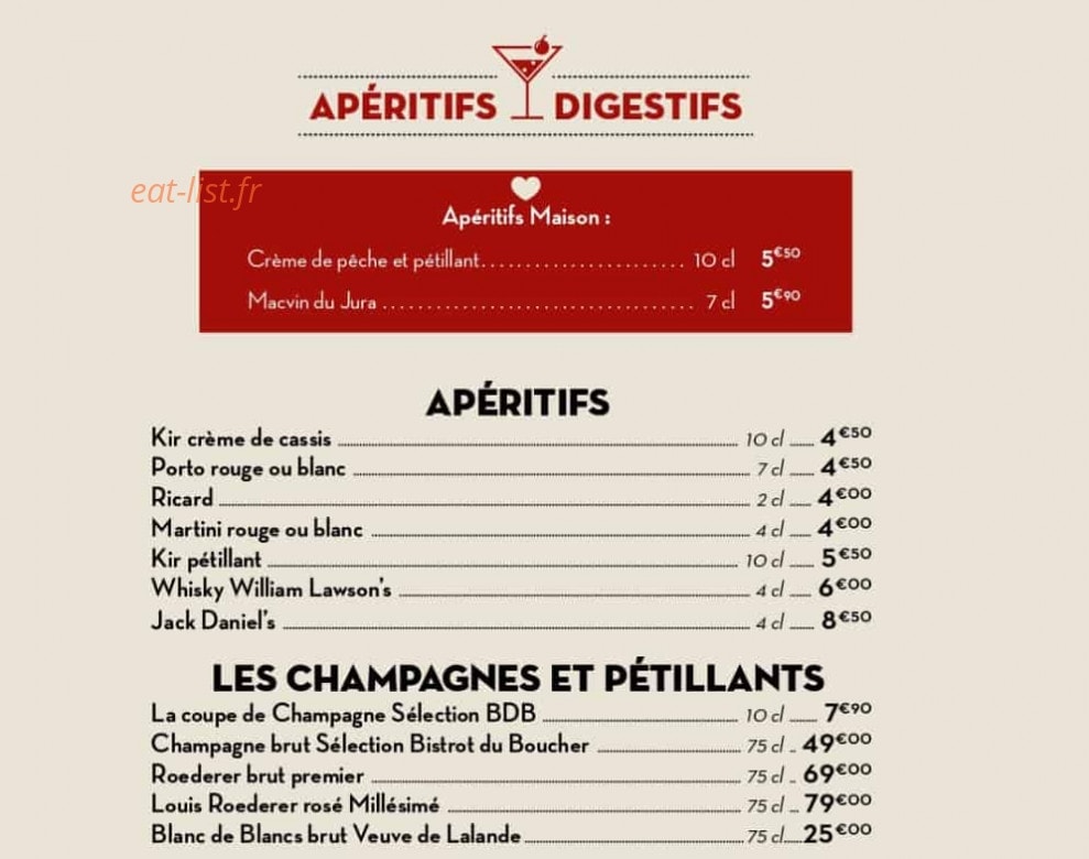 Menu Bistrot du boucher - Apéritifs et digestifs - 1 - carte hiver 2020 Bourg en Bresse