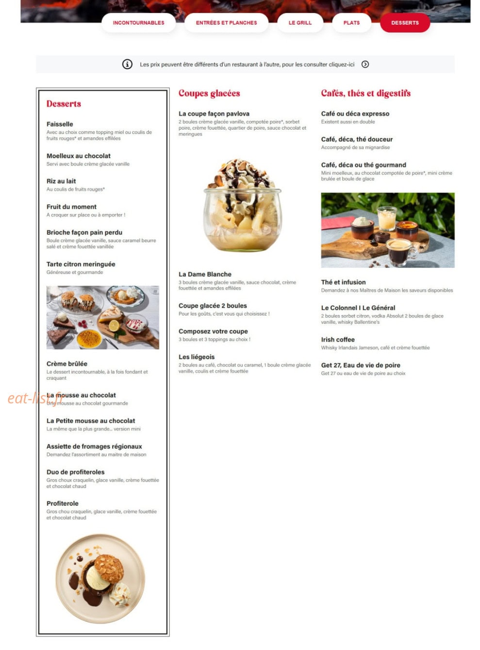 Menu Courtepaille - Les desserts