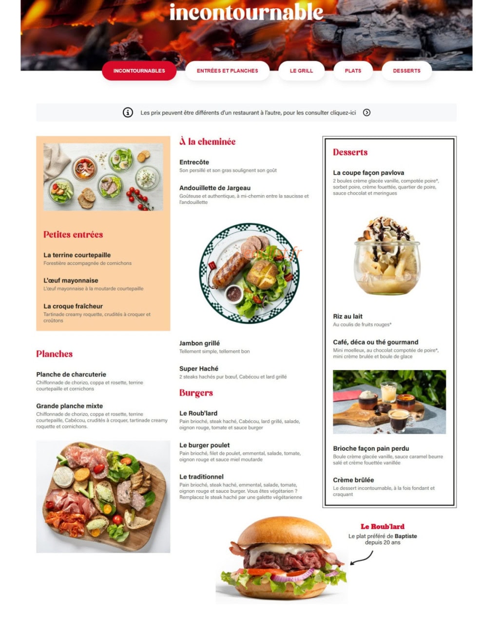Menu Courtepaille - Les incontournables
