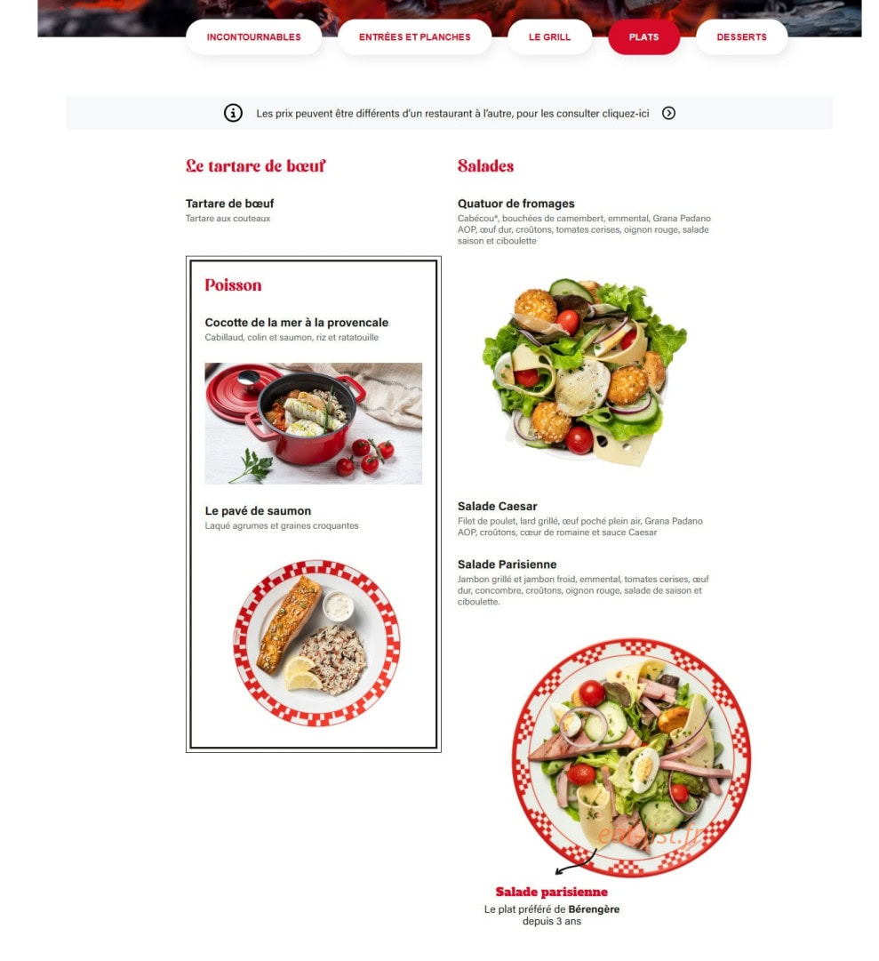 Menu Courtepaille - Les plats