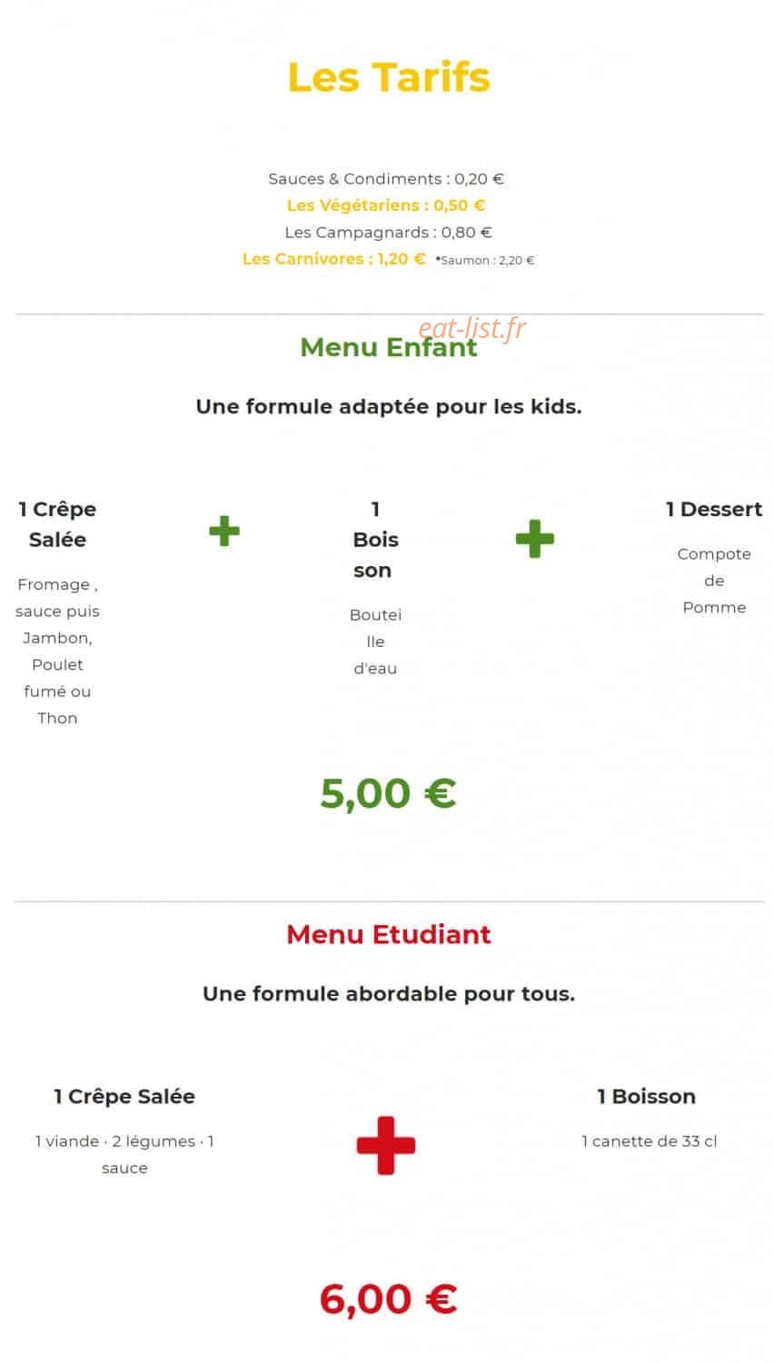 Menu Fête à Crêpe - Crêpes salées : les tarifs