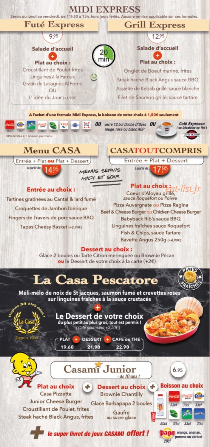 Menu La Casa - Menus et formules