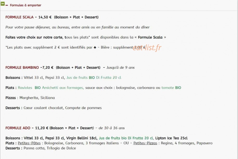 Menu La Scala - Formules à emporter