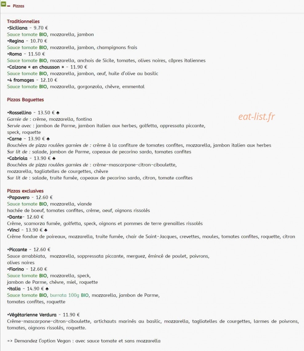 Menu La Scala - Pizzas à emporter