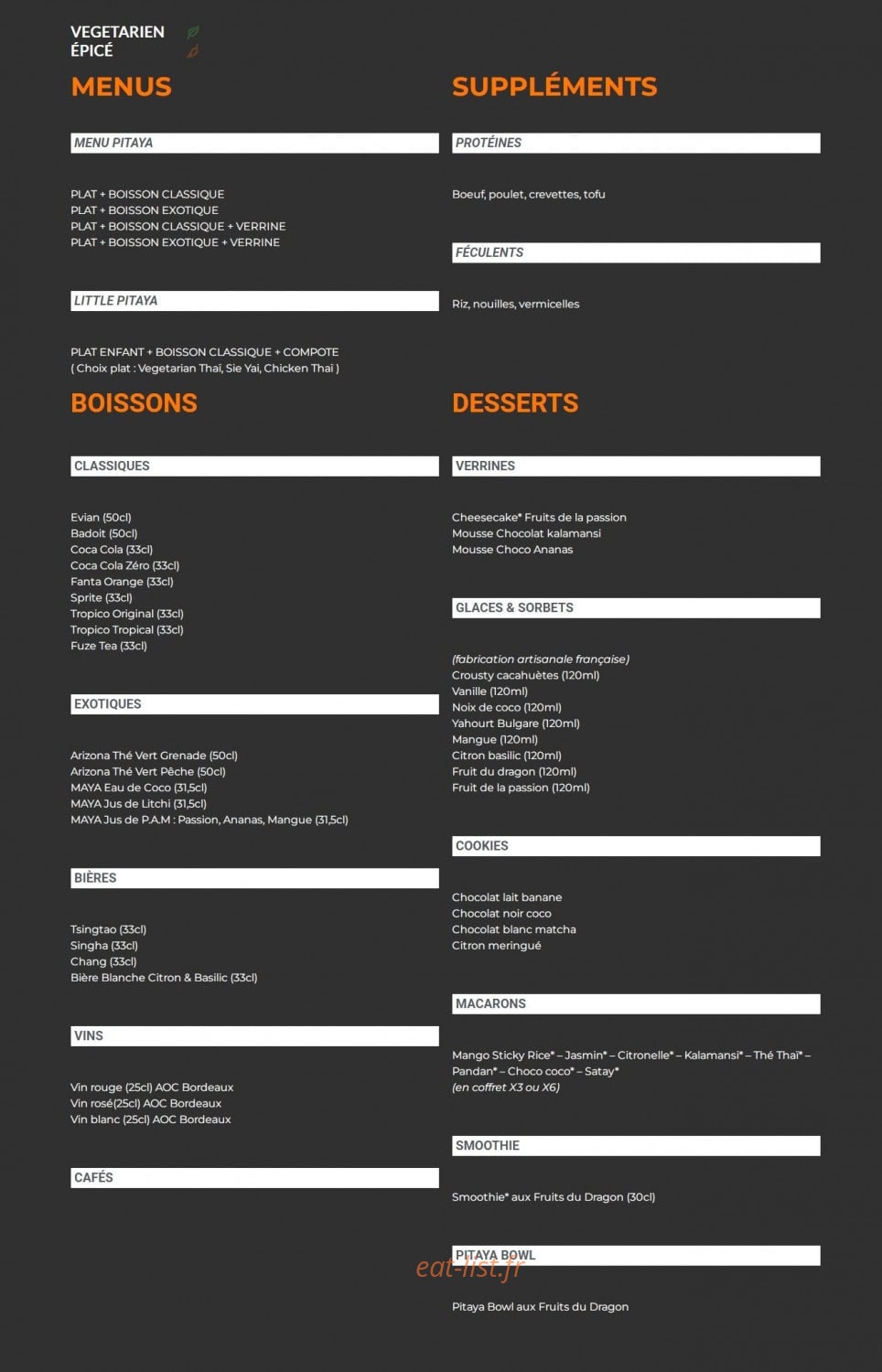Menu Pitaya - Les menus, desserts et boissons, ...