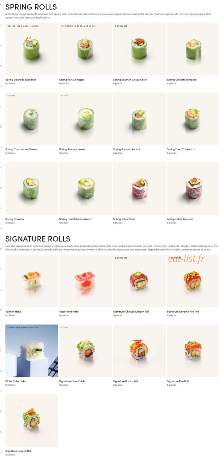Menu Sushi Shop - Spring rolls et signatures rolls