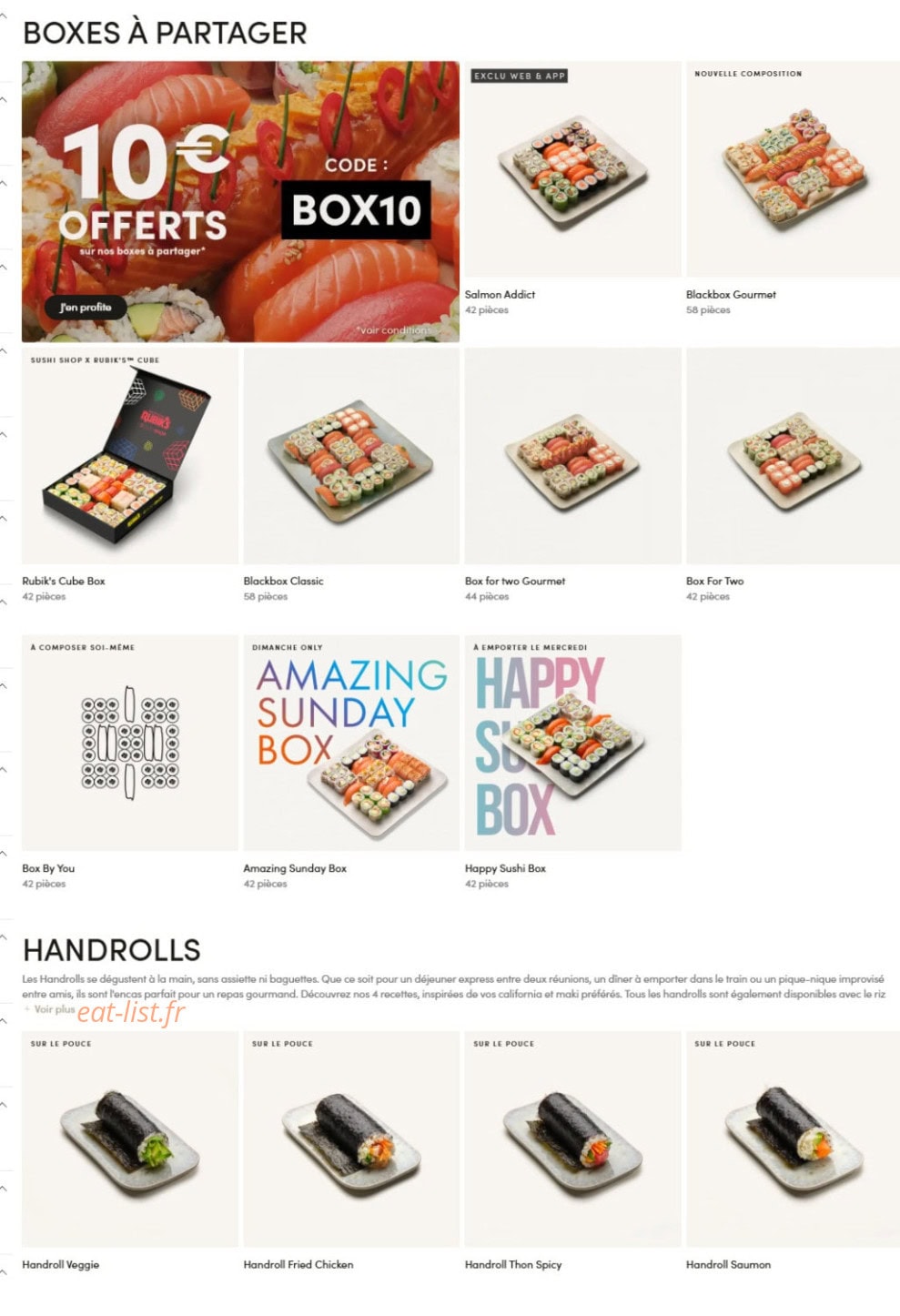 Menu Sushi Shop - Les boxes à partager  et handrolls