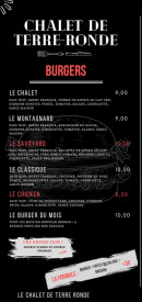 Carte et menu de Chalet de Terre Ronde à Plateau d'Hauteville — Les burgers