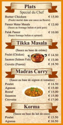 Menu Madras Kitchen - Plats, tikka masaka et madras curry