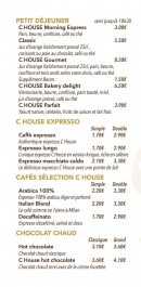 Menu C House - Petits déjeuners, c house expresso, cafés,...