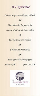 Carte et menu de Les lavandieres à Fontaine les Vervins — Les apéritifs