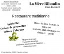 Carte et menu de La Mère Riboulin Chez Richard à Creuzier le Vieux — Prestation