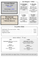 Carte et menu de Le Temps de Vivre à Chateau Ville Vieille — Les menus et burgers,..